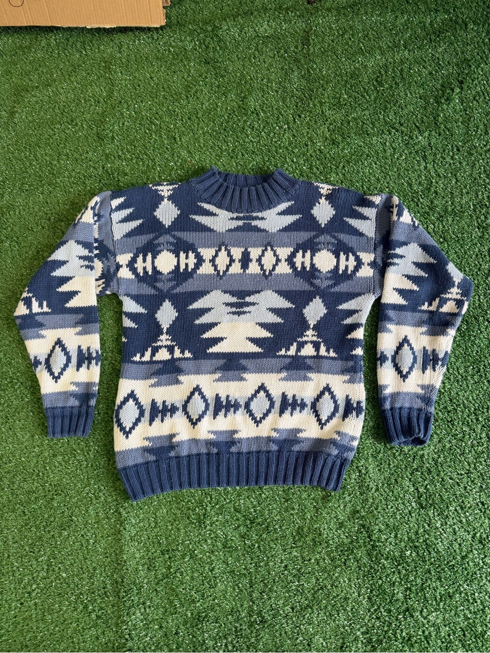 Men's Blue and Cream Geometric Knit Sweater